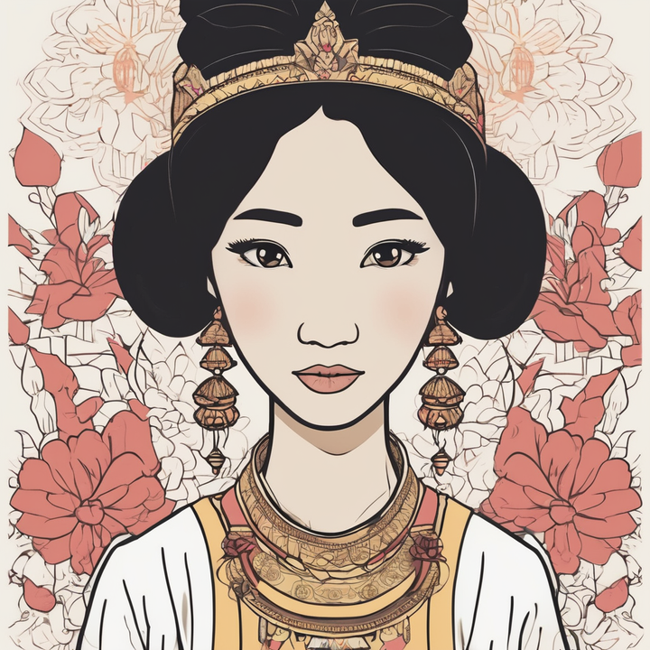 Jeune demoiselle avec des bijoux dorés entourée de fleurs