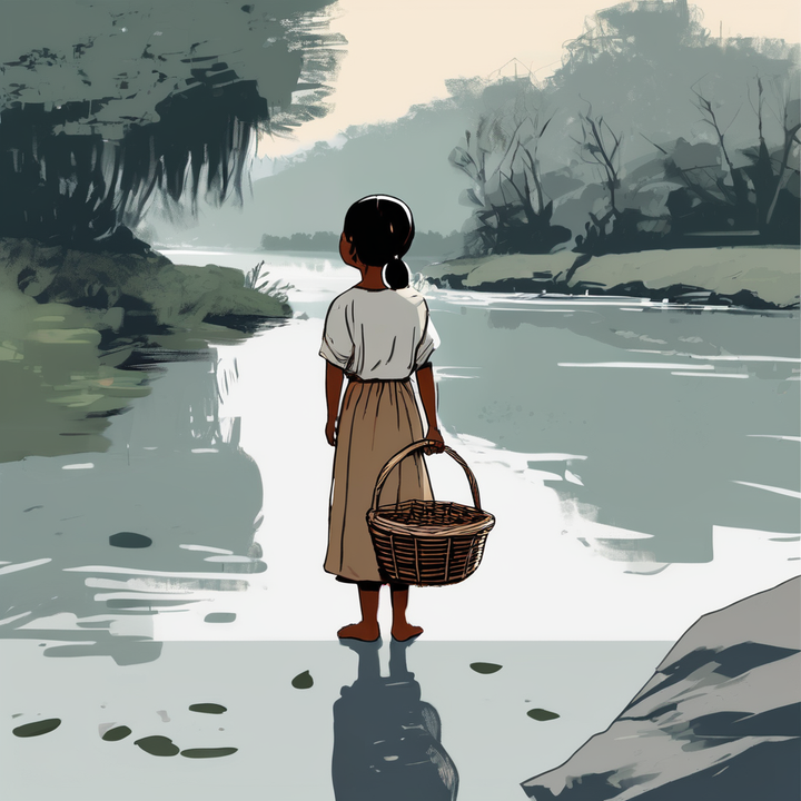 Une petite fille malgache au bord d'une rivière portant un panier regardant au loin