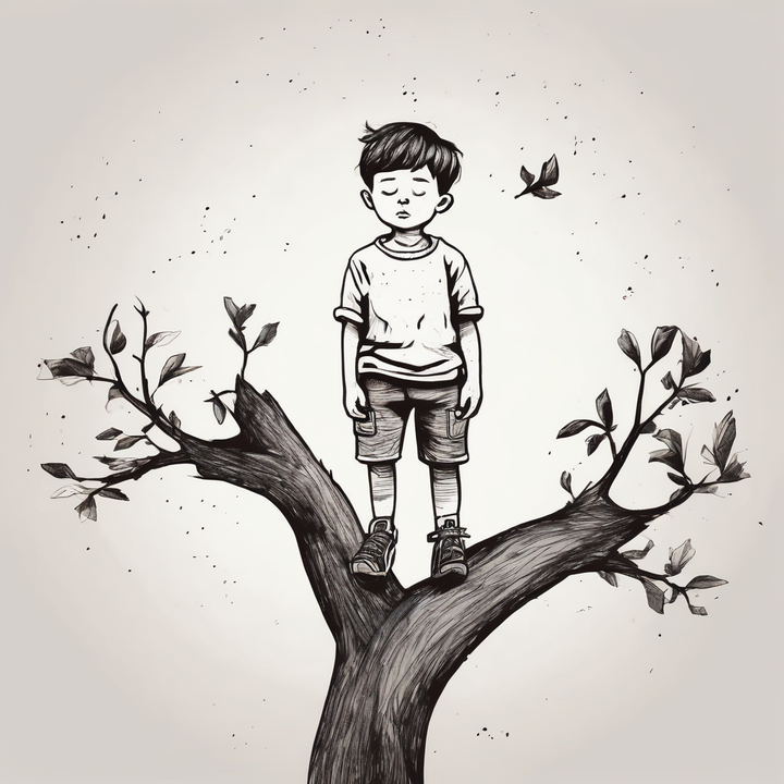 Un petit garçon avec les yeux fermés au sommet d'un arbre avec peu de feuilles