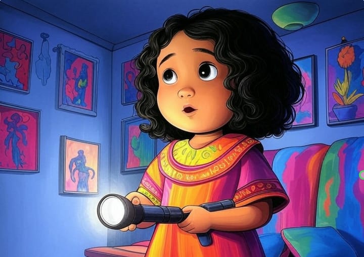 Une petite fille malgache avec une lampe de poche, curieuse et même ébahie, dans une pièce sombre avec des tableaux sur les murs