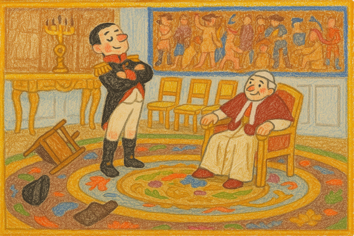 Napoleon Bonaparte mijoro, ny sezany midaboka amin'ny tany manoloana ny papa Pie VII ao anaty efitrano misy hosodoko lehibe amin'ny rindrina